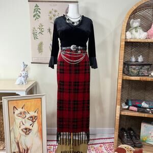 90s Y2k Red Plaid Velvet Beaded Fringe Maxi Skirt Punk Grunge Whimsigoth S M